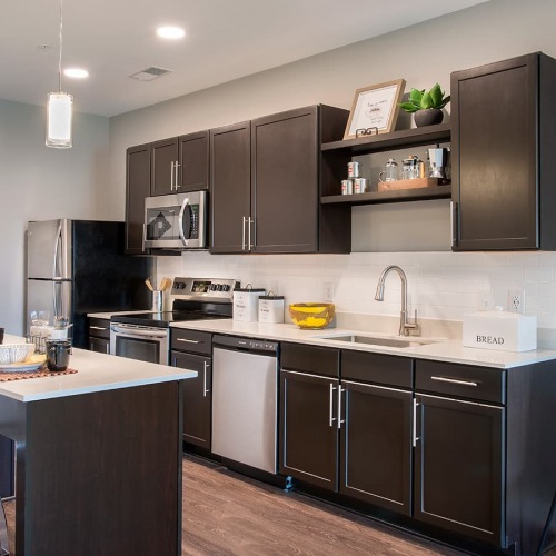 Apartment Kitchen kitchen area on wooden floor with spacious counter-space and designer appliances